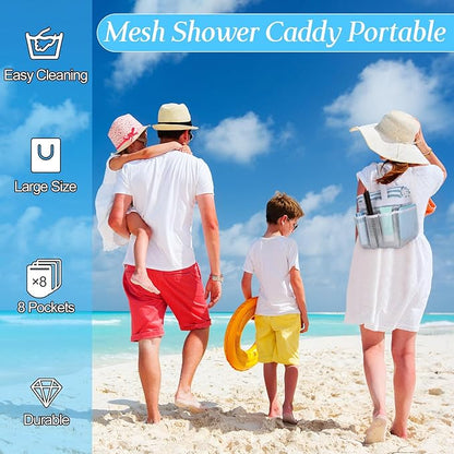 Hillban 4 Pcs Mesh Shower Caddy Portable Shower Caddy for Dorm Beach Mesh Bags with Deeper 8 Pockets and Handles Showers Caddies Basket for Women College Room Vacation(White)