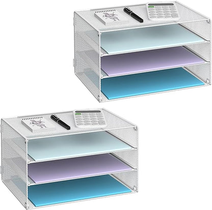 DALTACK 3 Tier Letter Tray Paper Organizer for Desk, Mesh Metal Desk File Organizer with Sliding Trays for Letter/A4 Paper, Mail, Bills & Folders, 2 Pack, White
