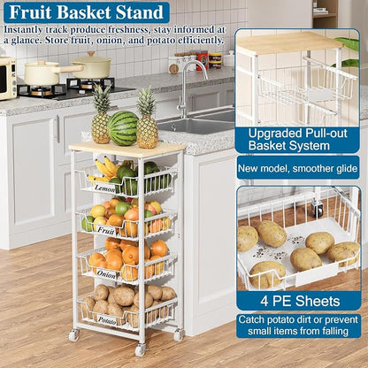 OKZEST 5-Tier Small Kitchen Storage Cart on Wheels with Pull-Out Drawers, Rolling Pantry and Snack Organizer Cart with Wood Top, Kitchen Floor Fruit Basket Stand for Fruit Potato Onion Veggie Snack