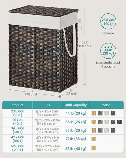 SONGMICS Laundry Hamper with Lid, 90L Clothes Hamper with 2 Removable Liner Bags, 6 Mesh Bags, Wicker Laundry Basket, Double Laundry Hamper for Bathroom, 13 x 18.1 x 23.6 Inches, Brown ULCB251K01V1