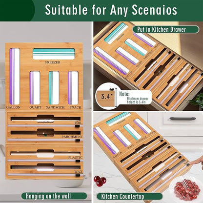 9 In 1 Storage Bag Organizer And Plastic Wrap Dispenser With Cutter, Bamboo Foil and Plastic Wrap Organizer