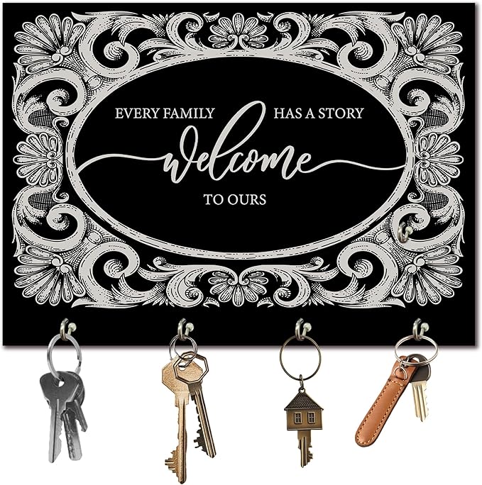 11" x 8" Vintage Solid Wood Wall-Mounted Key Holder - Welcome to Ours - with 4 Metal Hooks for Easy Hanging, Suitable for farmhouses, Homes, bedrooms, Wall Decorations & Gifts (1 Pcs) - A10