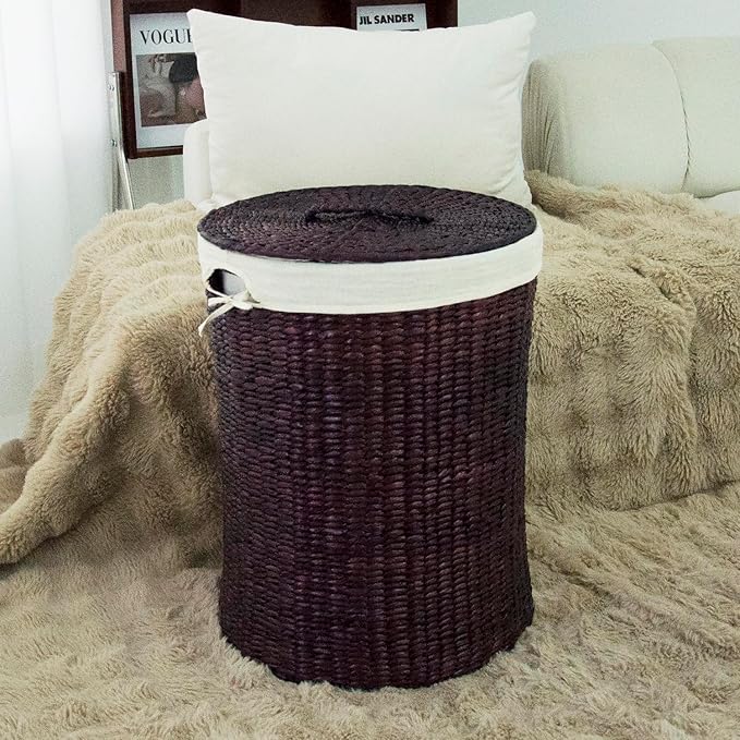 Hand Woven Laundry Basket with Lid,21-Inch Laundry Hamper with Removable Liner for Laundry and Elegant Storage,Dark Coffee