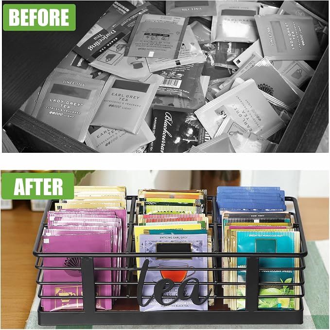 6 Compartments Tea Bag Organizer Holder, Tea Packets Storage Holder Container Display Stand Rack for Kitchen Organization Coffee Bar Decor