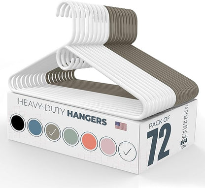 Neaties Heavy Duty Clothes Hangers 50+ Pack (72 Count) – Made in The USA – 8lb Capacity Plastic Hangers for Adult Clothing – Durable for Pants, Coats, Jackets, or Jeans – White & Gray