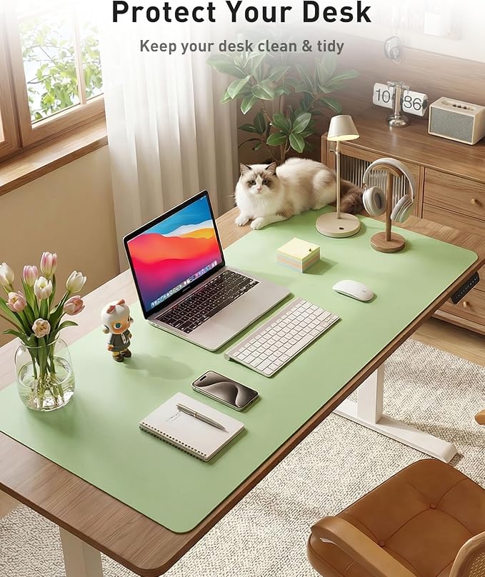 Aothia Faux Leather Desk Mat - Large Mouse Pad, Non-Slip PU Leather Blotter, Waterproof Writing Surface for Office and Home (Foam Green, 40" x 24")
