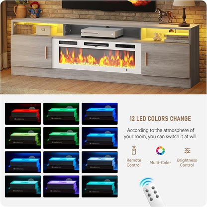 MXV 70" Fireplace TV Stand with Power Outlet for TVs UP to 80", Electric Fireplace Entertainment Center with LED Lights & Storage Cabinets, TV Console for Living Room, Office, Grey-White