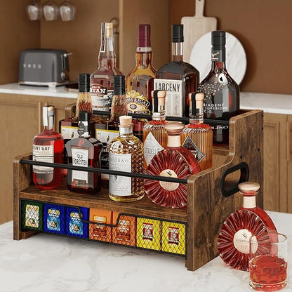 Homode Coffee Syrup Organizer Rack, 3-Tier 8 Bottles Syrup Stand with 35 K Cup Storage Drawer for Coffee Station Bar Accessories, Countertop Wood Liquor Bottle Holder for Wine, Rustic Brown