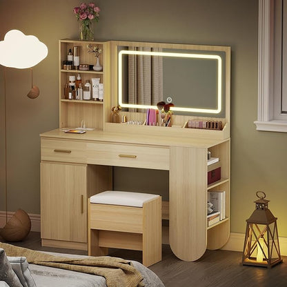 GOODONE 47'' Wood Vanity Desk with Mirror and Lights, Makeup Girls Vanity Set with 2 Drawers, 2 Storage Shelves & 1 Cabinet, Power Outlet, Stool, Dressing Table for Bedroom, Nature