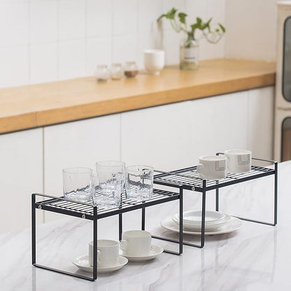 Shantton 2 Pack Kitchen Cabinet Shelf Counter Organizer Rack Pantry Storage Bathroom Bedroom Office Table Desk Space Saving Steel Frame Stackable Rust Resistant Non Slip Black