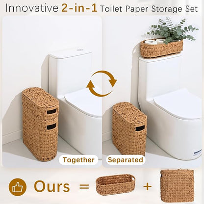 Livole 2-in-1 Toilet Paper Basket with Lid Toilet Paper Storage - 16 Regular Rolls or 12 Mega Rolls Woven Plastic Rattan Waterproof Toilet Paper Organizer for Bathroom, Natural