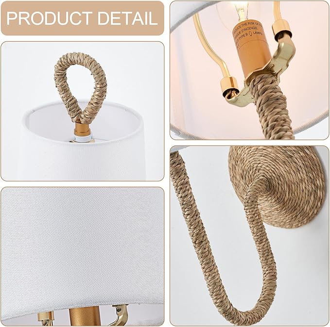 Natural Rattan Wall Sconce Set of 2, with Boho Woven Wicker and Creamy-White Fabric Shade for Vanity Stairway Fireplace Living Room Bedside Passway Hallway