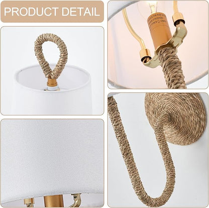 Natural Rattan Wall Sconce Set of 2, with Boho Woven Wicker and Creamy-White Fabric Shade for Vanity Stairway Fireplace Living Room Bedside Passway Hallway