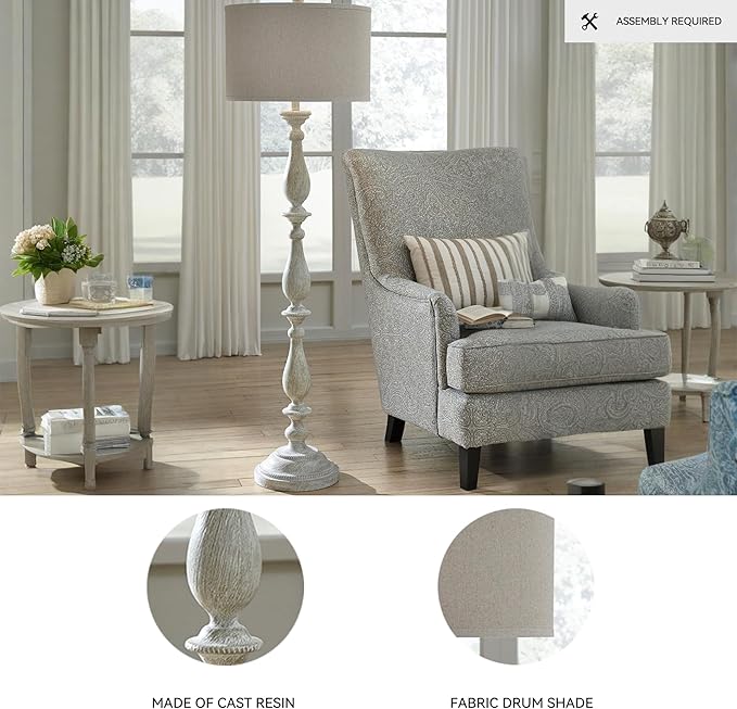 Signature Design by Ashley Bernadate Cottage Candlestick Design Poly Floor Lamp, 3-Way Switch, Cast Resin & Fabric Drum Shade, 18" W x 18" D x 61.13" H, Whitewash