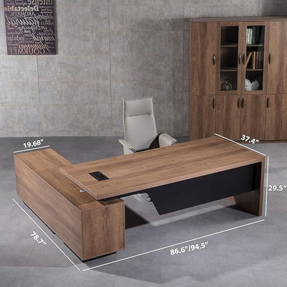 Retractable L-Shaped Executive Desk, Modern Office Desk with Drawers and Lateral File Cabinet, Large Computer Desk with Storage Shelves, Workstation for Home Office (Right Return, 86.6 - 94.5 IN)