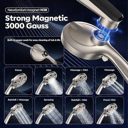 Shower Head with filtered Handheld High Pressure daul Shower Heads with Handheld Spray Combo and 10 Sprays Handheld Shower Head Detachable Shower head Built-in Magnetic Docking and Power Jets Nickel