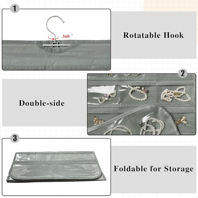 2 Pack Hanging Jewelry Organizer 80-Pocket Dual-sided Jewelry Storage for Earring Necklace Bracelet Ring Travel Holder, Gray