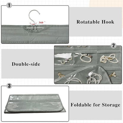 2 Pack Hanging Jewelry Organizer 80-Pocket Dual-sided Jewelry Storage for Earring Necklace Bracelet Ring Travel Holder, Gray