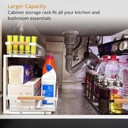 Under Sink Organizer 2 Pack, 2 Tier Pull Out Cabinet Organizers and Storage for Kitchen Bathroom Pantry Laundry, Adjustable Height, Slide Out Thickened Metal Storage Shelf (White, 2 Pack)