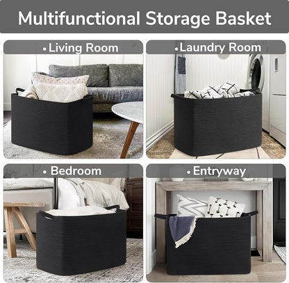 Goodpick Large Woven Storage Basket, 105L Extra Large Blanket Basket for Living Room, Bedroom, Rectangle Cotton Rope Organizer for Toy Storage, 25”x16”x16”, Black