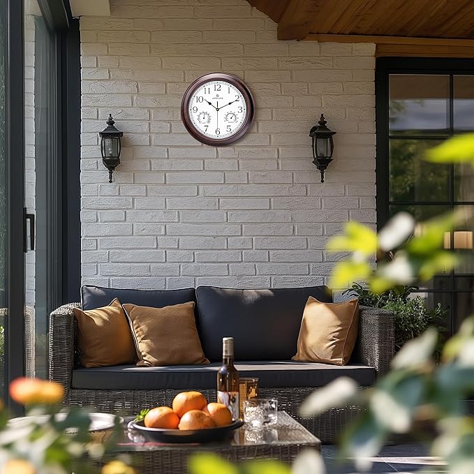 Lafocuse Outdoor Wall Clocks Waterproof with Thermometer for Patio, 12 Inch Hygrometer Wall Clock Silent Battery Operated for Kitchen Bathroom Garage