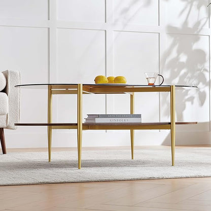 Oval Glass Coffee Table, Mid-Century Modern Design, L42*W22*H17 inch, for Living Room, Amber Glass Top and Walnut Finish Wood Shelf, Conical Metal Legs with Gold Finish