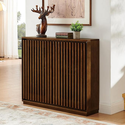 LKTART Mid Century Modern Sideboard Buffet Cabinet, Narrow Credenza Storage Cabinet with 2 Doors,Media Console Table for Living Room,Entryway,Hallway-Walnut