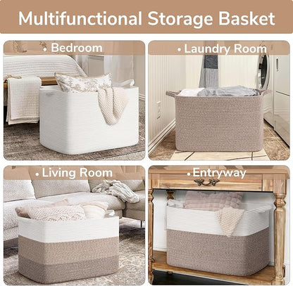 Goodpick 105L Extra Large Blanket Basket 25" x 16" x 16" Cotton Rope Storage Bins for Dirty Clothes, Rectangle Woven Baskets for Living Room Home Decor, Toy Baskets Storage Kids, White