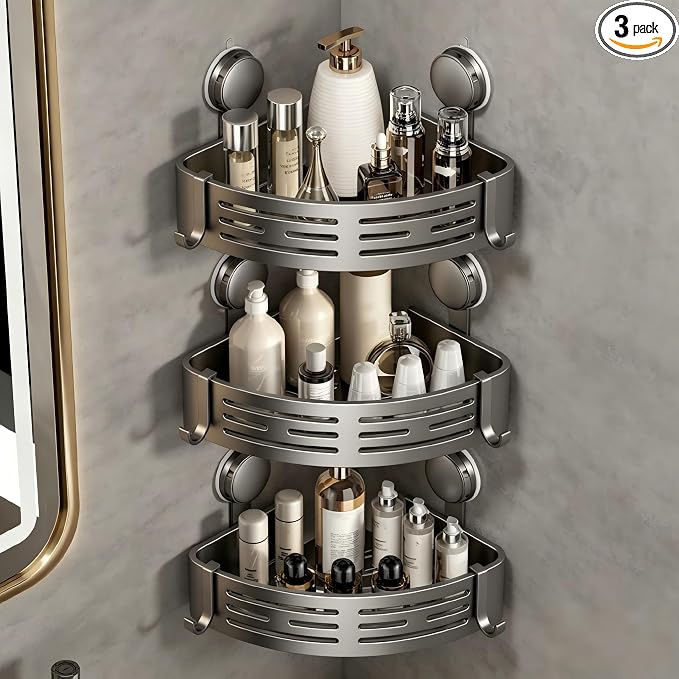 VOLPONE Shower Caddy Corner Suction Cup Shelf Corner No Drilling Bathroom Shower Organizer Storage Rack Adhesive(3-Pack, Gray)