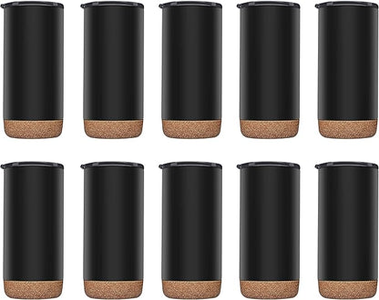 DISCOUNT PROMOS Travel Tumblers with Cork Bottom 16 oz. Set of 10, Bulk Pack - Double Wall Insulated, Matte Finish, Perfect for Iced Coffee, Soda, Other Beverages - Black