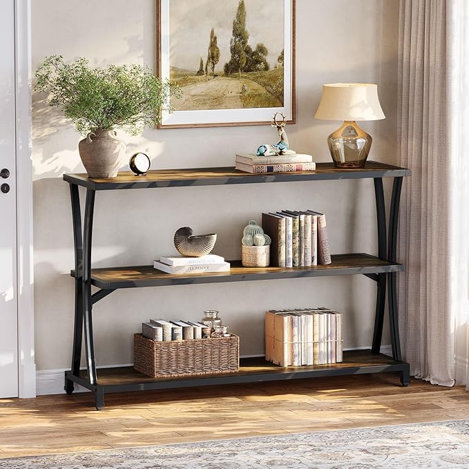 Tribesigns Industrial 3-Tier Console Table, Rustic Narrow Entryway Sofa Table with Storage Shelves for Living Room, Hallway, Foyer