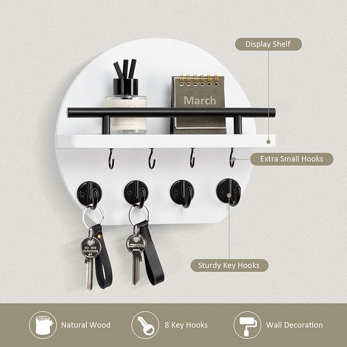 Nekon Key Holder for Wall - 9.8 Inch Apartment Wall Decor with Shelf and 8 Key Hooks, Circular Wood Key Hanger for Home Decor (White)