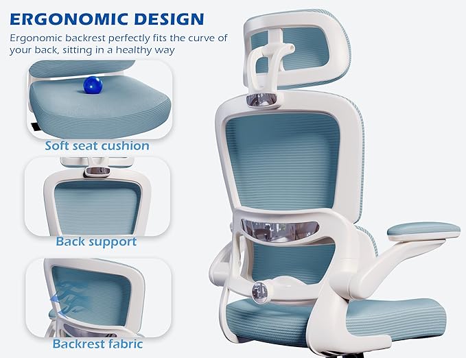 TRALT Ergonomic Office Chair - Desk Chair with Adjustable Headrest Lumbar Support Computer Chair - Mesh Comfy Chair with Flip-up Armrests - Gaming Chairs for Adults Home Office (PU Leather, Blue)