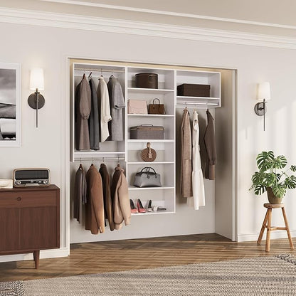 ROOMTEC Modular Closet System, 66" Wall-Mounted Closet Organizer with Hanging Rods, Modern Wooden Tower for Walk-In Closets, Wardrobe Storage Kit, White