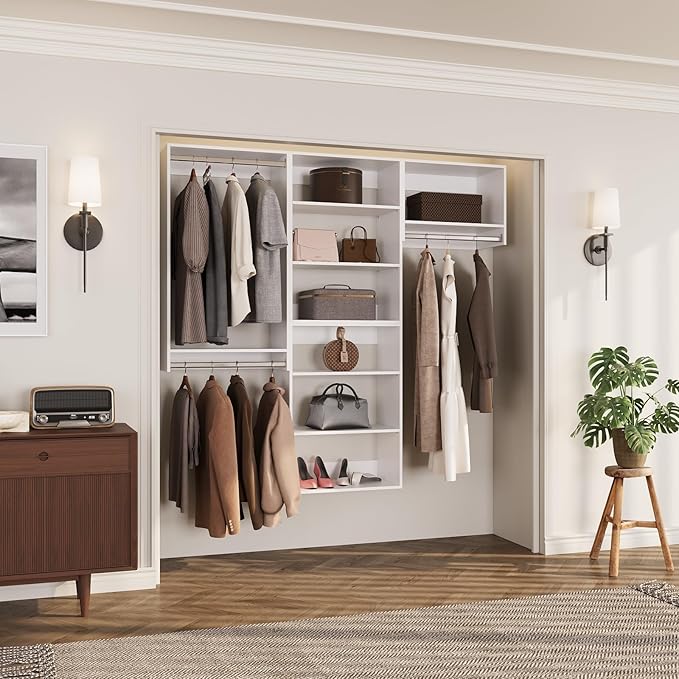 ROOMTEC Modular Closet System, 60" Wall-Mounted Closet Organizer with Hanging Rods, Modern Wooden Tower for Walk-In Closets, Wardrobe Storage Kit, White