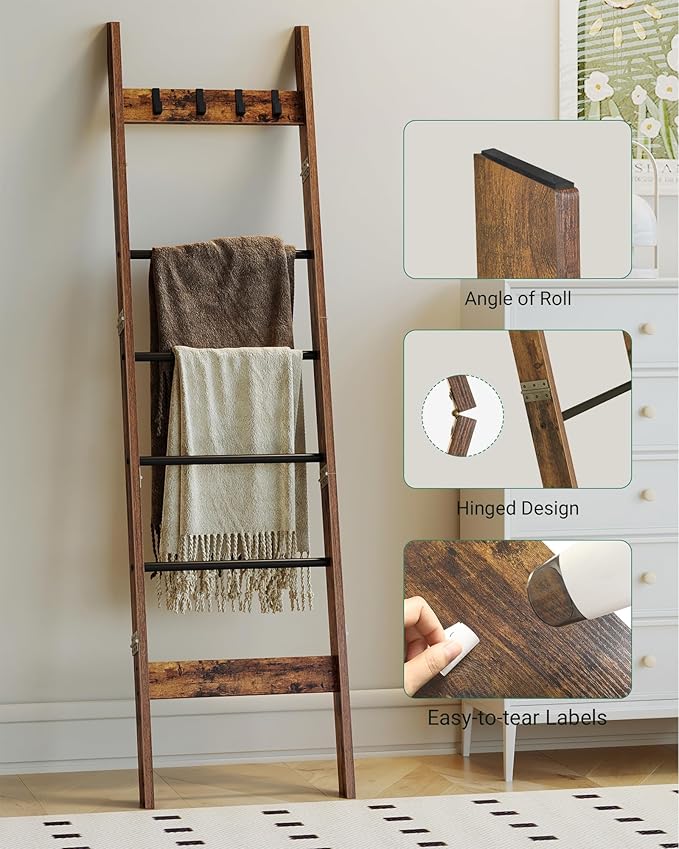Hzuaneri Blanket Ladder for Living Room, Decorative Quilt Rack with 4 Removable Hooks, 5-Tier Farmhouse Ladder Holder Shelf Organizer for Bedroom, Rustic Brown and Black BR31501B