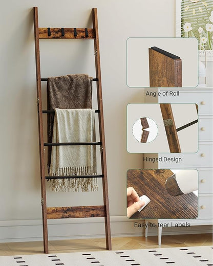 Hzuaneri Blanket Ladder for Living Room, Decorative Quilt Rack with 4 Removable Hooks, 5-Tier Farmhouse Ladder Holder Shelf Organizer for Bedroom, Rustic Brown and Black BR31501B