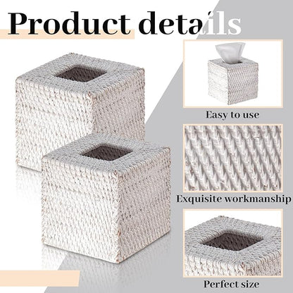Kigley 2 Pcs Square Rattan Tissue Box Cover Boho Wicker Tissue Cube Box Cover 5.5'' x 5.5'' x 5.5'' Decorative Natural Wicker Hand Woven Napkin Box Holder Bathroom Office Car Accessories (White)
