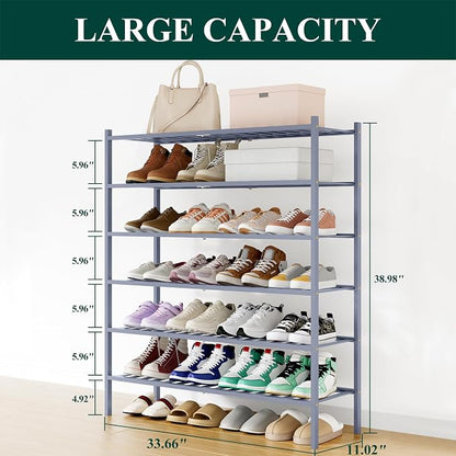 Smiry Long Bamboo Shoe Rack, 6 Tier Free Standing Wooden Shoe Organizer, Stackable Wood Shoe Storage Shelf for Closet, Entryway, 12 Vertical Slats, 2+2+2 Stack Standard Legs, 33.7"x11"x39", Grey