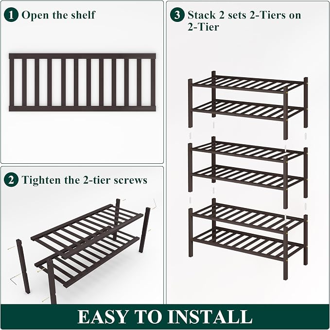 Smiry Bamboo Shoe Rack, 6 Tier Free Standing Wooden Shoe Organizer, Stackable Wood Shoe Storage Shelf for Closet, Entryway, 12 Vertical Slats, 2+2+2 Stack Standard Legs, 26.8"x11"x39", Brown