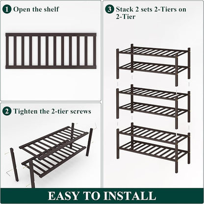 Smiry Bamboo Shoe Rack, 6 Tier Free Standing Wooden Shoe Organizer, Stackable Wood Shoe Storage Shelf for Closet, Entryway, 12 Vertical Slats, 2+2+2 Stack Standard Legs, 26.8"x11"x39", Brown