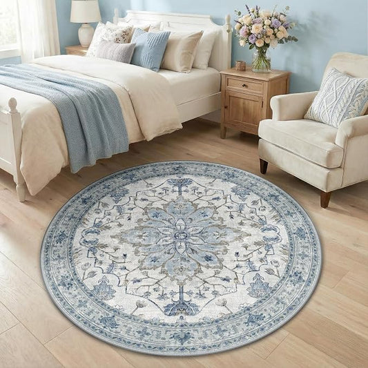 RELEANY Area Rugs Round 4ft Washable Non-Slip, Floral Vintage Distress Medallion Carpet for Living Room Bedroom Dining Room, Light Blue Navy Gray White