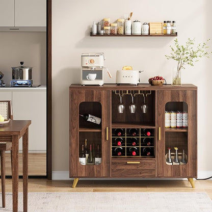 Bar Cabinet with Power Outlets, Modern Coffee Bar Sideboard with LED Light, Farmhouse Liquor Cabinet with Wine Rack, Glass Holder & Wine Storage, Walnut