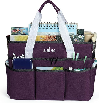 JJRING Craft Organizer Tote Bag, Large Art Storage Caddy with Multiple Pockets, Deep Purple Sewing Bag for Art, Craft, Scrapbooking, Medical, and Office Supplies Storage