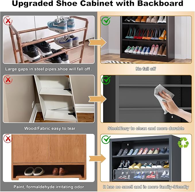 5-Space Heavy Duty Steel Shoe Rack, 4-Tier Adjustable Shoe Shelf with Back Panel, 66" Tall Open Shoe Organizer for Entryway, Closet, Apartment - Sturdy Metal Shoe Storage (Black, 5 Tier-66"H*33W)