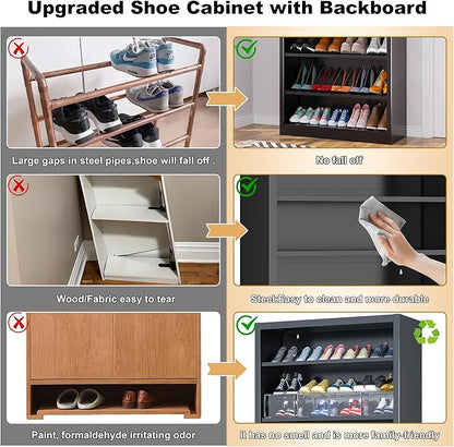 5-Space Heavy Duty Steel Shoe Rack, 4-Tier Adjustable Shoe Shelf with Back Panel, 66" Tall Open Shoe Organizer for Entryway, Closet, Apartment - Sturdy Metal Shoe Storage (Black, 5 Tier-66"H*33W)