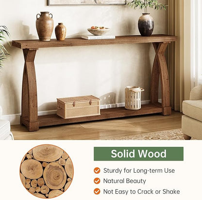 Solid Wood Console Table for Entryway, 63-Inch Narrow Farmhouse Couch Table Behind Sofa with 2-Tier Storage for Entrance, Foyer, Living Room, Long, Dark Brown