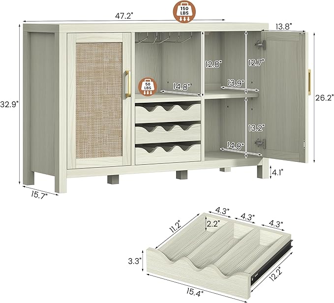 Rattan Wine Bar Cabinet, Boho Rattan Home Bar with Glass Holder and Drawer Style Racks, Oak Sideboard Buffet Storage Cabinet for Living Dining Room Kitchen (White Oak)