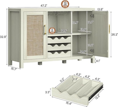 Rattan Wine Bar Cabinet, Boho Rattan Home Bar with Glass Holder and Drawer Style Racks, Oak Sideboard Buffet Storage Cabinet for Living Dining Room Kitchen (White Oak)