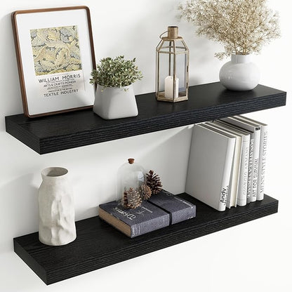 36 Inch Floating Shelves for Wall, 8 Inch Deep Floating Shelf for Storage & Display, Rustic Wall Mounted Shelf with Invisible Brackets for Living Room, Kitchen, Bathroom, Home Decor, Set of 2, Black